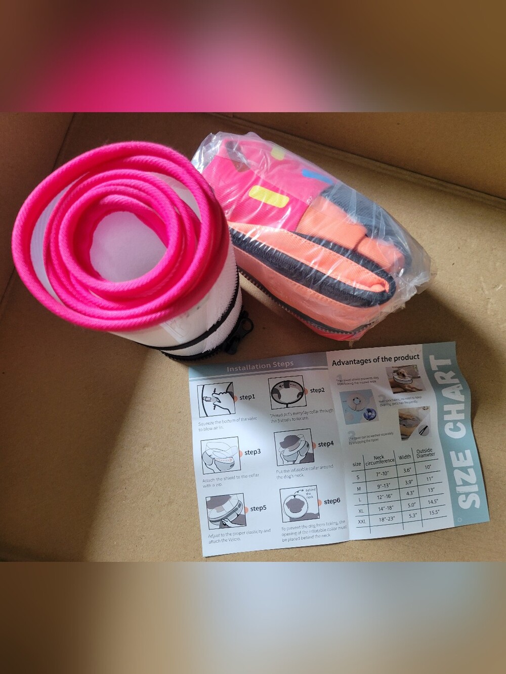 Neon Pink Donut Detail Inflatable Dog Collar With Cone For Recovery Size L